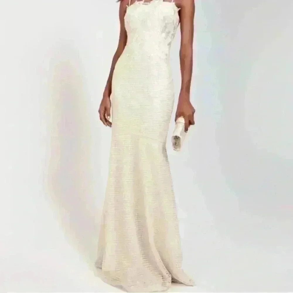 Aidan Mattox Champ Ivory Embroidered LaceTrumpet Maxi Wedding Dress  Size 2 - Picture 3 of 9